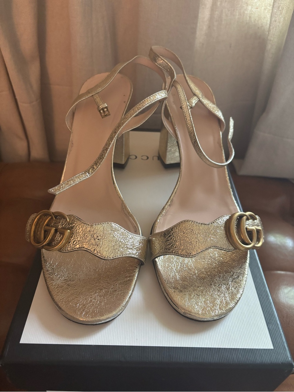 Gucci Gold Leather Block Heel Sandals with Double G
